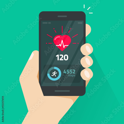 Heartbeat indicator on mobile phone screen, pulse meter with heart beat and running activity information, fitness health app on cellphone and walking steps counter vector illustration