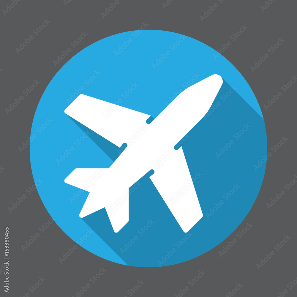 Airport, Plane flat icon. Round colorful button, circular vector sign with long shadow effect. Flat style design
