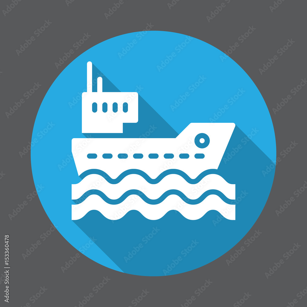 Cargo ship flat icon. Round colorful button, circular vector sign with long shadow effect. Flat style design