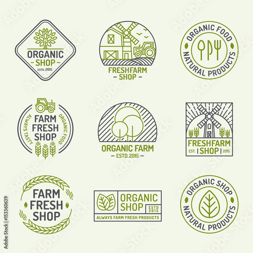 Organic Shop And Farm Fresh Logo Set Color Line Style For Natural Product Company Stock Vector Adobe Stock