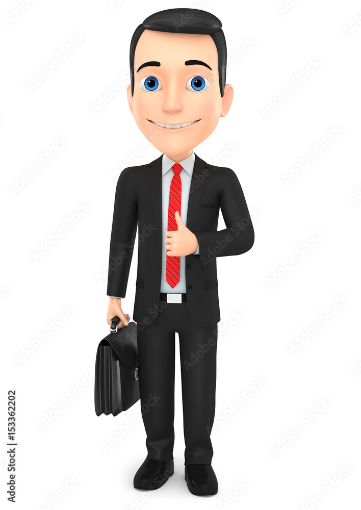 Successful businessman character with briefcase showing thumb up on white background. 3d render illustration. Successful businessman character with briefcase showing thumb up on white background. 3d render illustration.