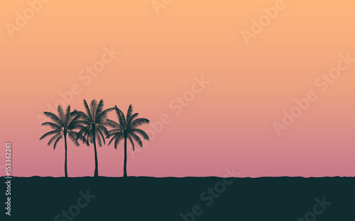 Silhouette palm tree in flat icon design at sunset with vintage filter background