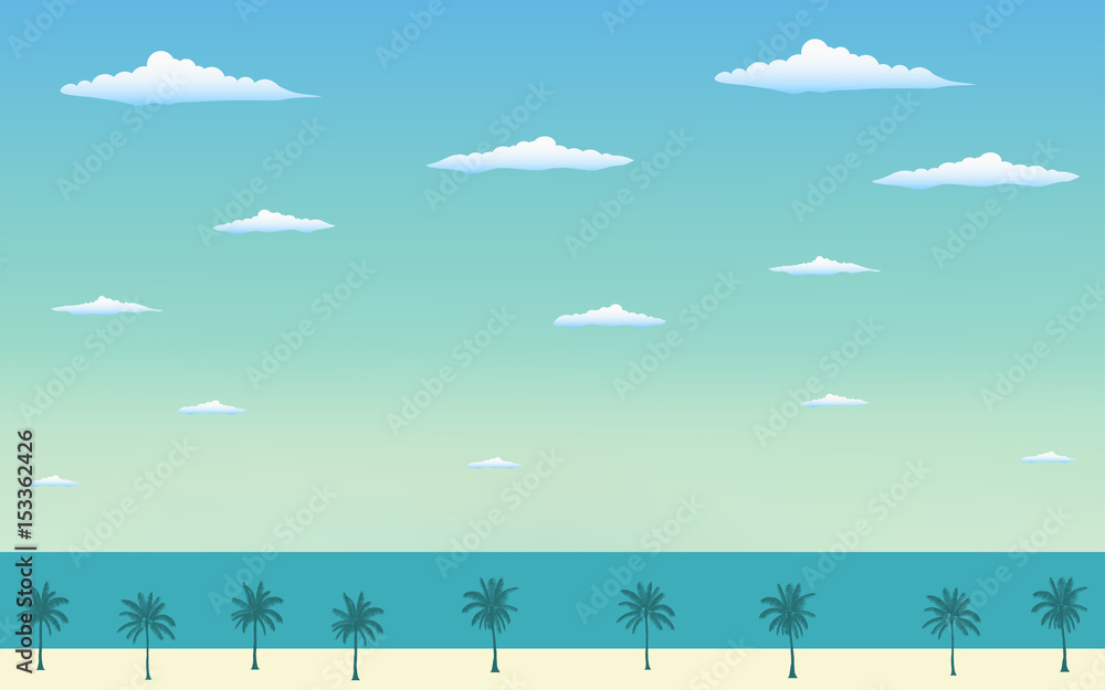 Naklejka premium Silhouette palm tree on the beach in flat icon design and blue sky background 