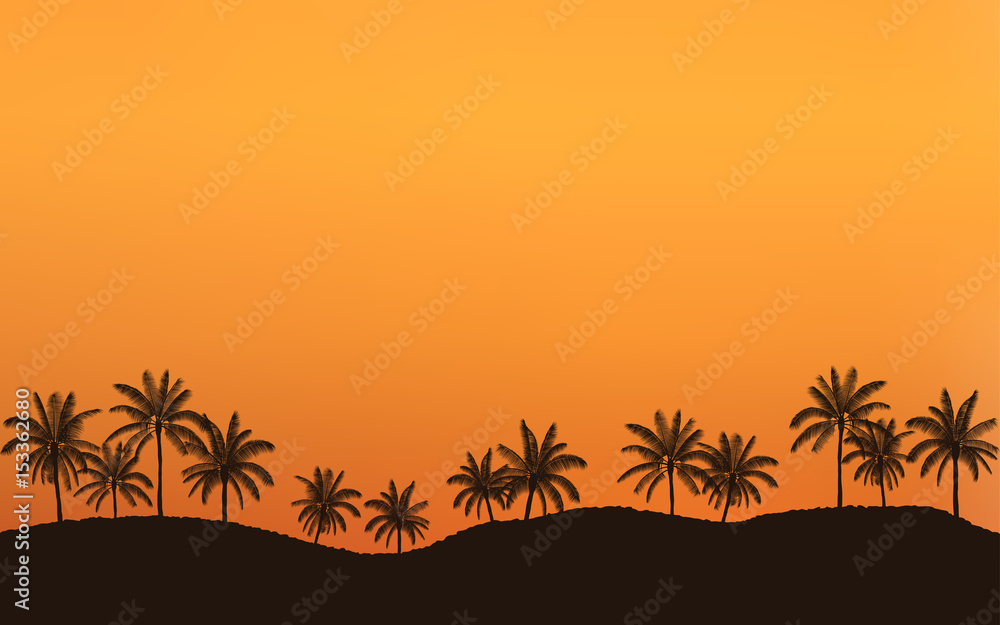 Fototapeta premium Silhouette palm tree in flat icon design on hill at sunset sky with vintage filter background