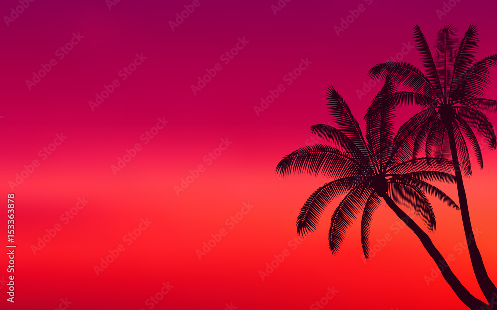 Silhouette palm tree and sunset sky in flat icon design with vintage filter background