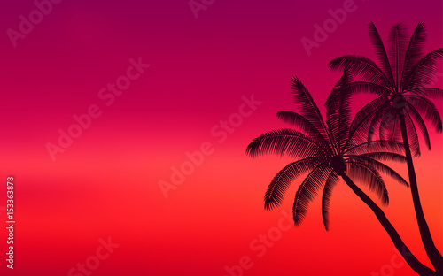 Silhouette palm tree and sunset sky in flat icon design with vintage filter background