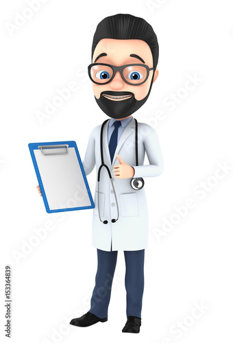 3d render illustration. Cheerful doctor with a tablet on a white background.