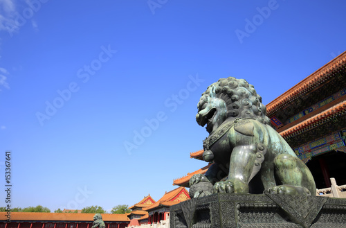 Copper lion of the imperial palace in Beijing, China