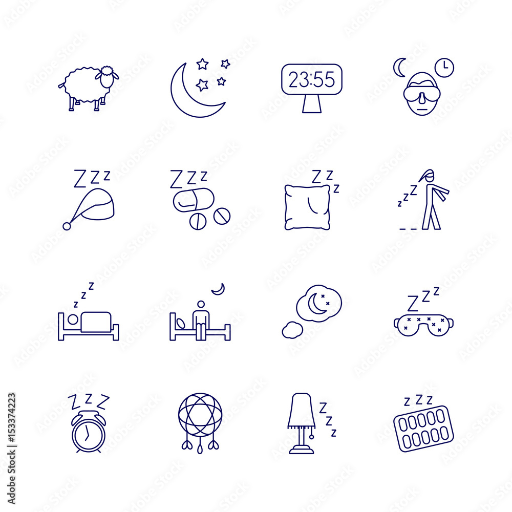 Fototapeta premium Insomnia problems icons and sleeping trouble vector signs