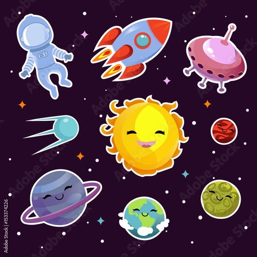 Space vector fashion patch badges with planets, stars and alien spaceships © MicroOne
