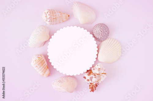 layout With Seashells And circle shape on a white background .flat lay. Round frame of seashells. Gently pink