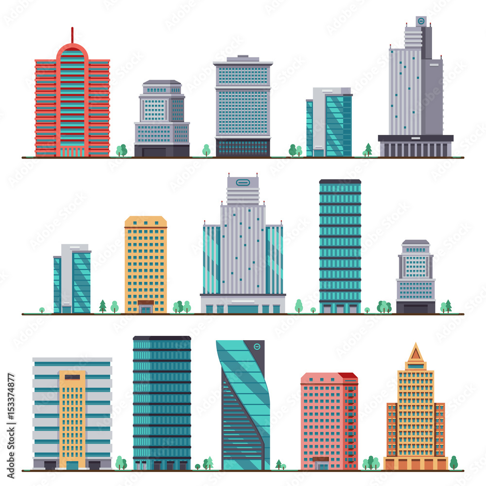 Buildings and modern city houses flat vector icons