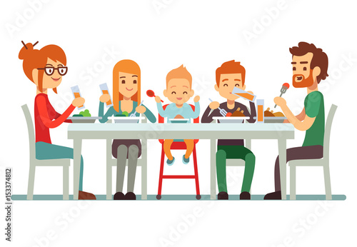 Happy big family eating dinner together vector illustration