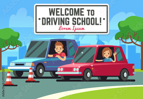 Driving school vector background with young happy driver in cars on road