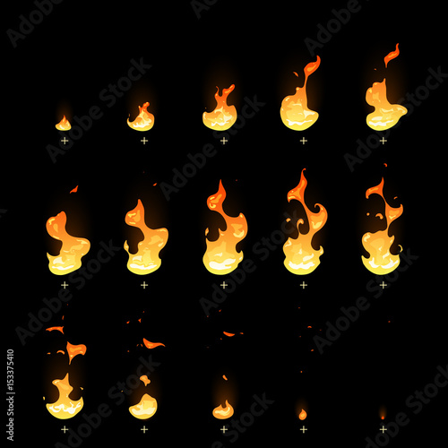 Ignition and fading fire trap animation sprite sheet cartoon vector set