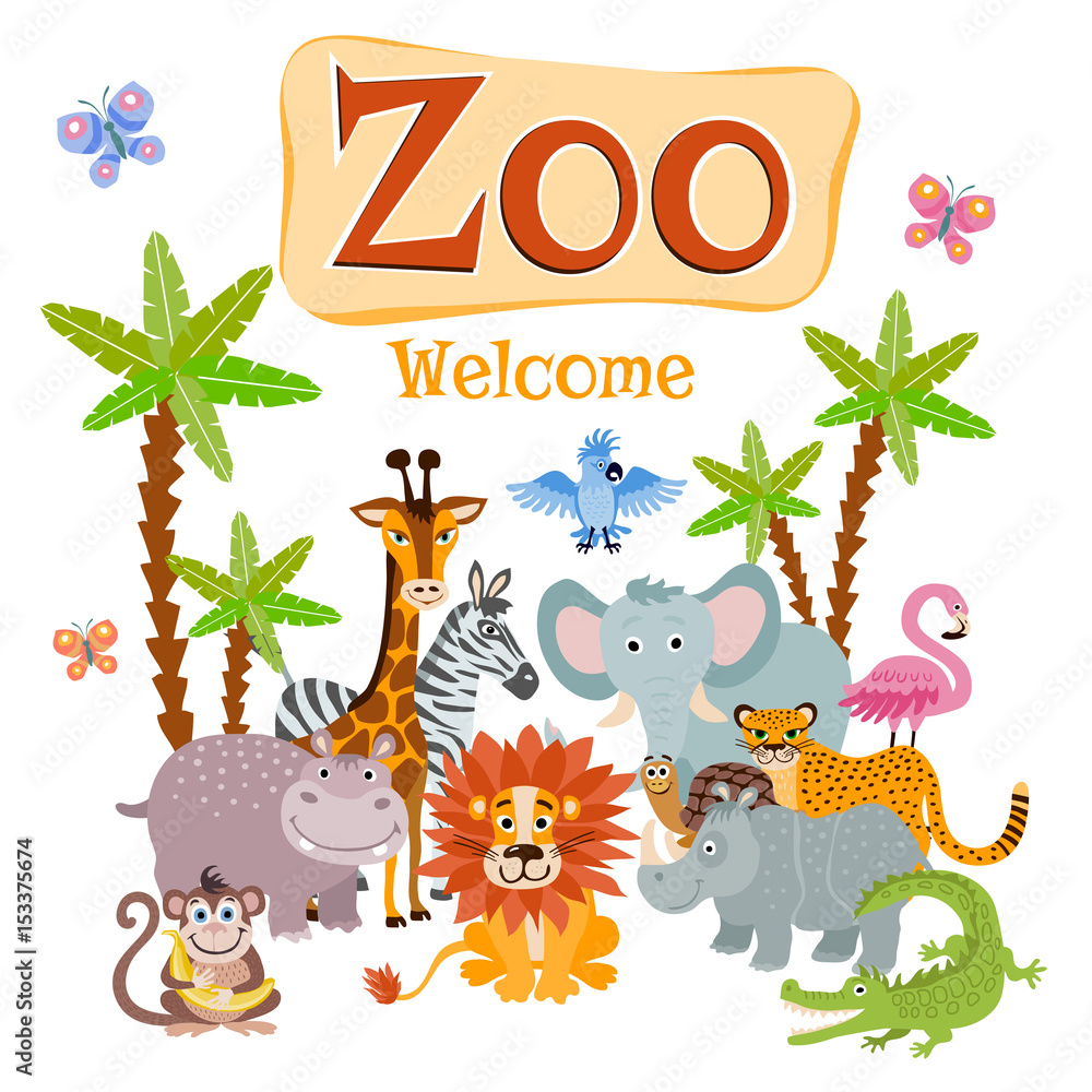 Fototapeta premium Zoo vector illustration with wild cartoon safari animals