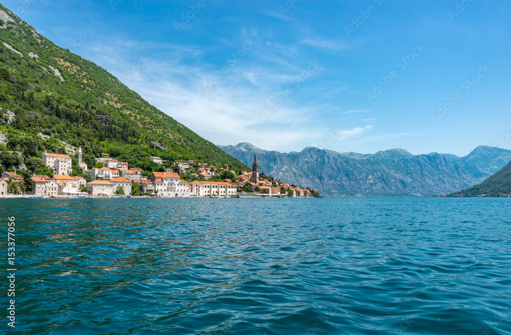 Cityscape of Perast from the sea, Montenegro.