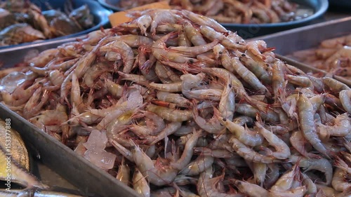 A bunch of fresh shrimp are sale in the local market
