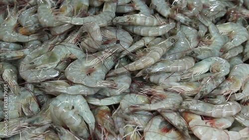 Fresh raw green prawns on ice are sold in the local market
