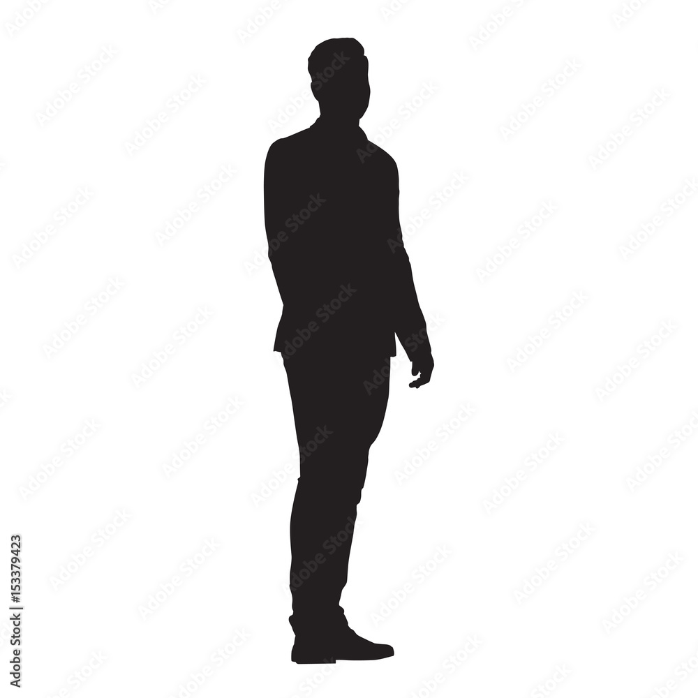 Young man standing in jacket, vector isolated silhouette Young man standing in jacket, vector isolated silhouette