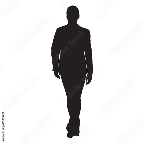 Business man walking forward, front view of adult man in suit, isolated vector silhouette