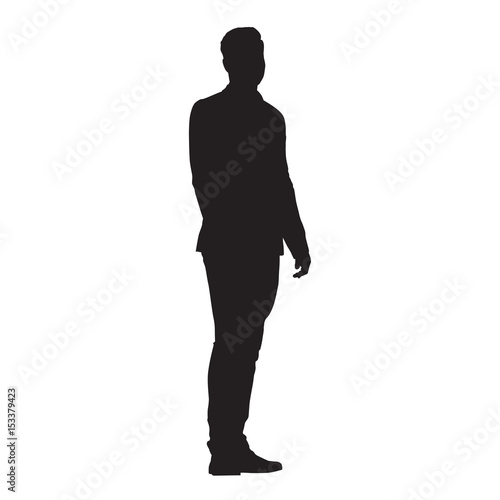 Young man standing in jacket, vector isolated silhouette