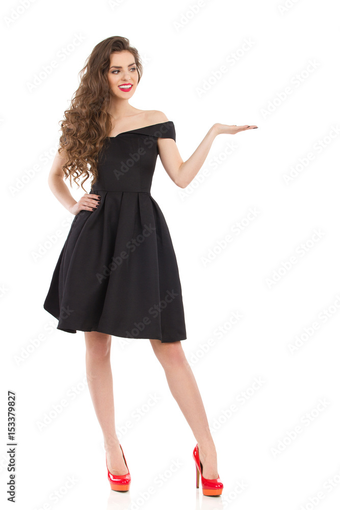 Fototapeta premium Fashion Model In Black Dress Is Presenting