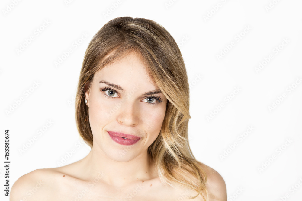 Beautiful and young blond woman with blond hair and bare shoulders Beautiful and young blond woman with blond hair and bare shoulders