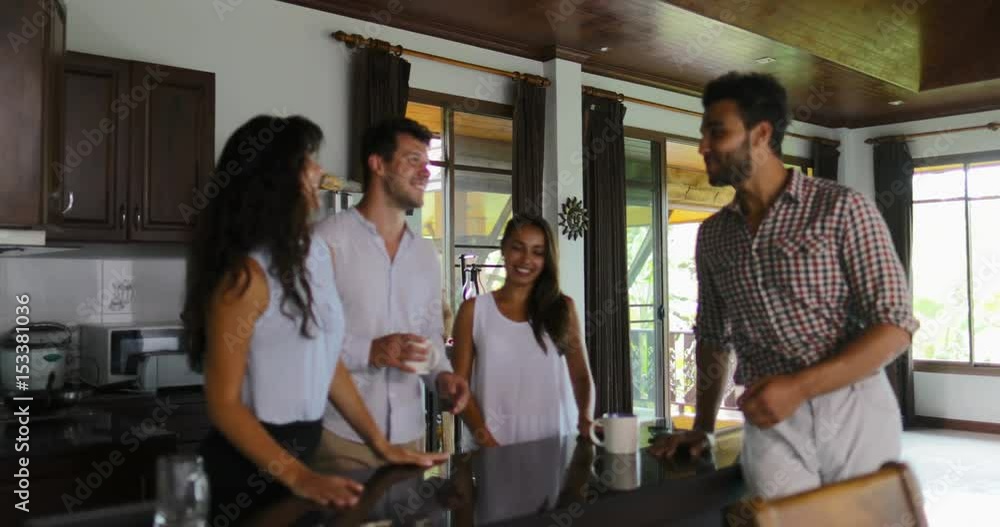 People Group In Kitchen Talking, Young Man And Woman Having Guests, Young Friends Couples Gathering Communication Slow Motion 60 People Group In Kitchen Talking, Young Man And Woman Having Guests, Young Friends Couples Gathering Communication Slow Motion 60