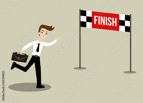 Businessman Running into Cross Finish Line. Vector cartoon business Character