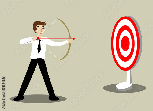 Determined businessman aiming at target with bow and arrow. Vector cartoon business Character