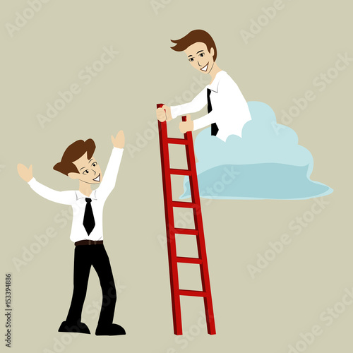 Successful leader businessman on cloud helps team businessman by holding ladder. Vector cartoon business Character