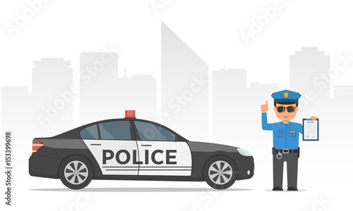 Traffic policeman holding clipboard. Cartoon policeman and police car on urban skyscrapers background.