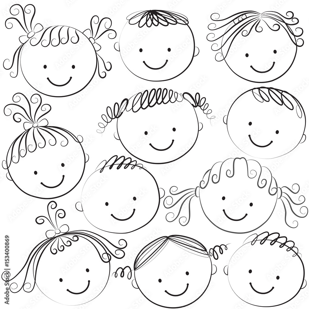 Fototapeta premium Set of kid heads in black color