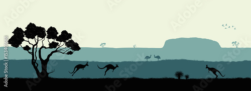 Australian landscape. Black silhouette of trees, kangaroo and ostrichs on white background. The nature of Australia photo