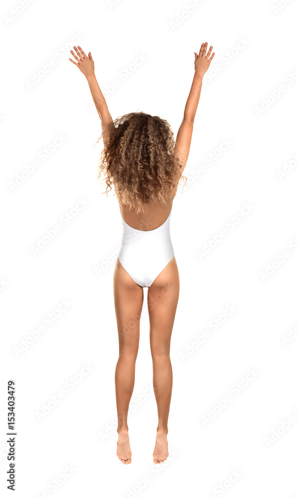 Beautiful young woman in swimsuit on white background Beautiful young woman in swimsuit on white background