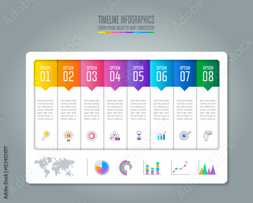 Timeline infographic business concept with 8 options.