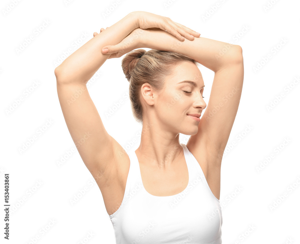Beautiful young woman with depilated armpits on white background Beautiful young woman with depilated armpits on white background