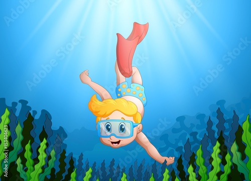 Cartoon kid diving underwater