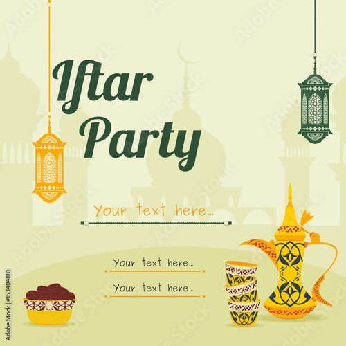 Editable Iftar Party Vector Background Concept Using Hanging Arab Lamp and Gahwa Coffee Also A Bowl of Date Palm Fruits in Front of Mosque Silhouette for Poster or Invitation Card of Islamic Moments