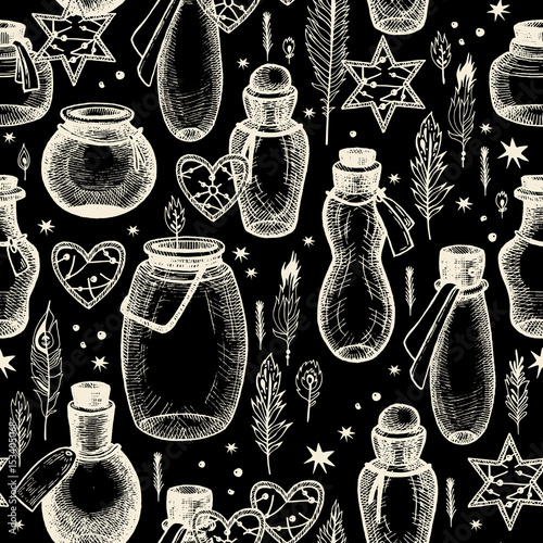Magic seamless pattern with glass flasks