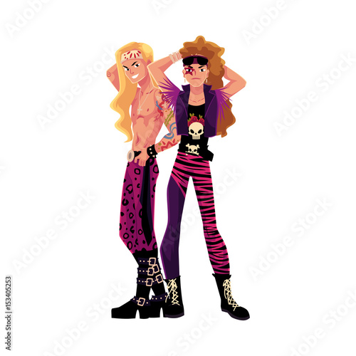 Couple of young men, guys dressed as glam rock stars, cartoon vector illustration isolated on white background. Full length portrait of two young people dressed as glam rock stars, leather, army boots