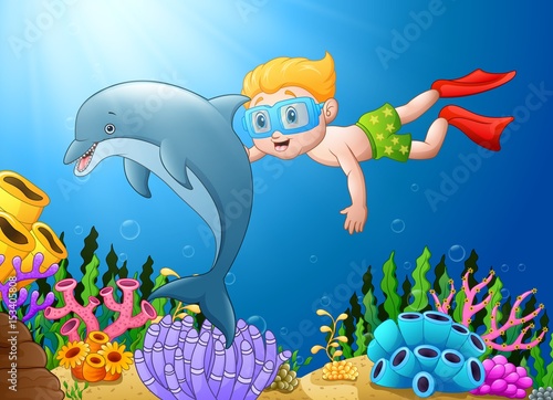 Cartoon boy diving in the sea with dolphin