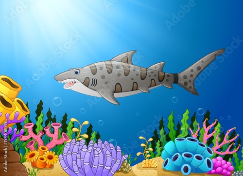 Cartoon shark fish in the beautiful underwater 