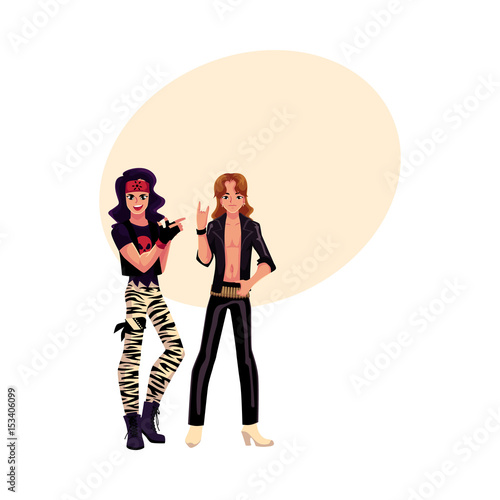 Two men dressed as glam rock stars, long hair, leather, heavy boots, cartoon vector illustration with space for text. Full length portrait of two young people dressed as glam rock stars