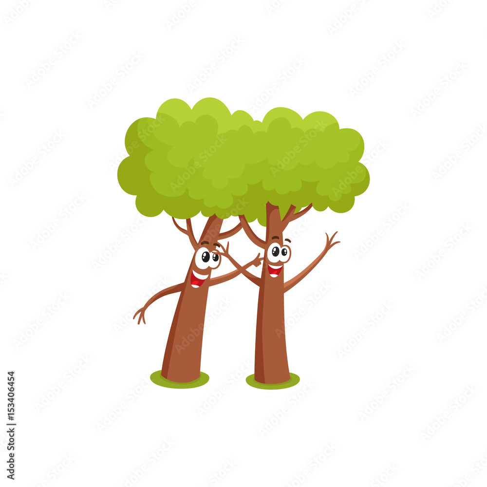 Two funny comic style tree characters playing with each other, cartoon  vector illustration isolated on white background. Couple of funny, crazy  tree characters, mascots, friends playing together Stock Vector | Adobe  Stock