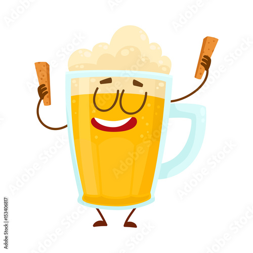 Funny beer glass mug character with smiling human face holding croutons, cartoon vector illustration isolated on white background. Cute and funny lager beer mug character, mascot with croutons