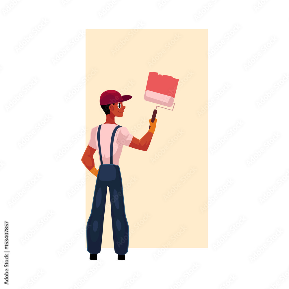 Black, African American painter painting wall with big brush, cartoon vector illustration isolated on white background. Full length portrait of black, African painter, construction worker, rear view Black, African American painter painting wall with big brush, cartoon vector illustration isolated on white background. Full length portrait of black, African painter, construction worker, rear view