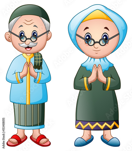 muslim couple greeting cartoon isolated on white background