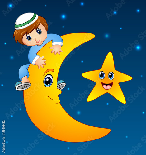 Happy muslim kid climbing on the moon
